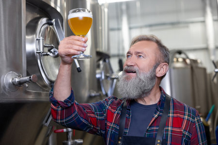 Brewery owenr tasting fresh beer and looking interested