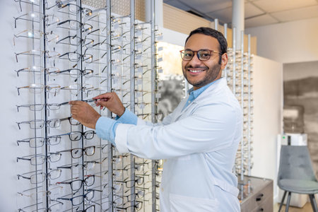 Smiling male consultant in lab coat selling eyeglassesの写真素材