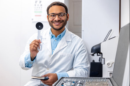 Ophtalmologyst in lab coat looking positive and smilingの写真素材