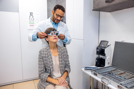 Optometrist examining a patient at the clinicの写真素材