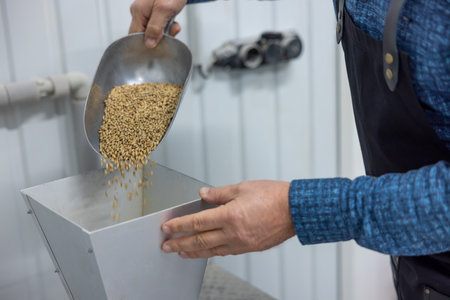 Man preparing grains for beer productionの写真素材