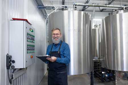 Mature bearded man controlling the working process at the factory