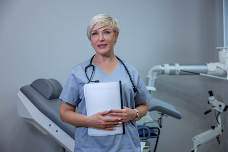 Female doctor in blue scrubs sitting in the medical officeの写真素材