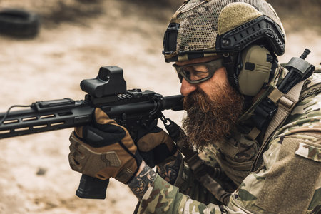 Sniper with rifle on a positionの写真素材