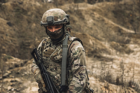 Man in military unifrom on a positionの写真素材