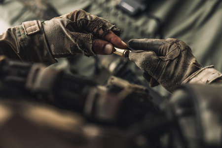 Close up picture of a soldier with weapon