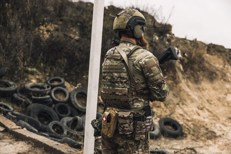 Soldier in camouflage on a duty near the position