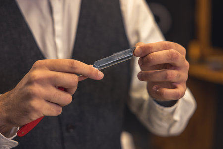 Barber checking the razor sharpness
