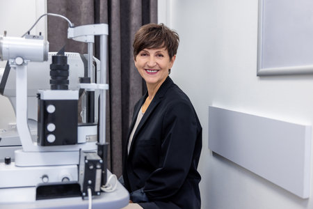 Short-haired mid aged woman having an eyesight check