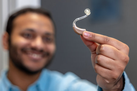 Smiling young man holding a hearing aid