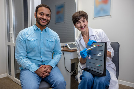ENT doctor demonstrating hearing aid models to the patient