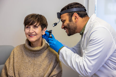 ENT doctor examinine patients ear with endoscopeの写真素材