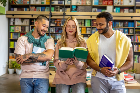 Group of people reading books in libraryの写真素材