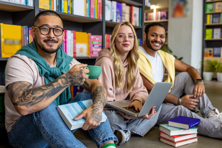 Happy students sitting in the libraryの写真素材