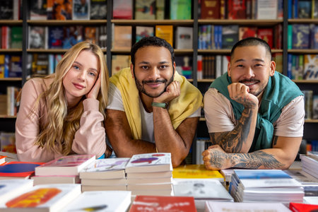 Happy students sitting in the library