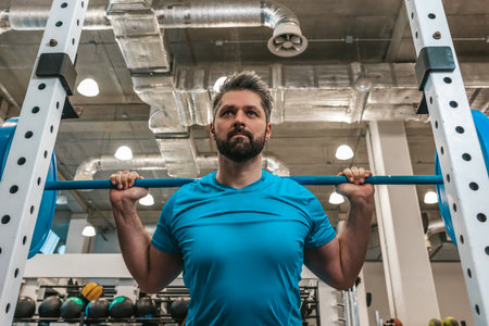 Athlete looking determined and serious while working with a bar-bell
