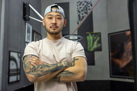 Asian young man in a tattoo salonの写真素材