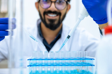 Male scientist using pipette and glass-dropper with flask in medical science laboratory