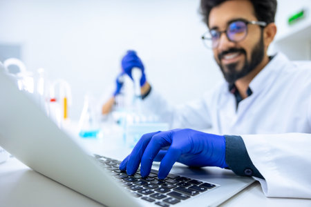 Scientist holds glass-dropper with reagents makes notes in laptop, experimenting with medical sampleの写真素材