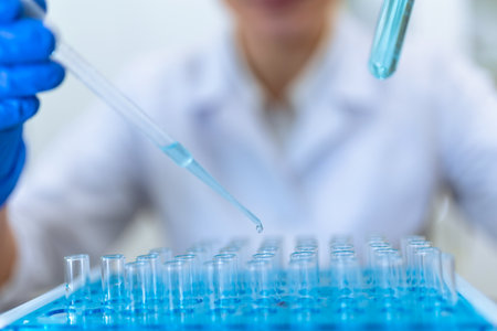 Unrecognizable female scientist or doctor working with liquid in flask, using pipette
