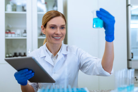 Female lab scientist working on samples and make notes on clipboard, holding flask with blue liquidの写真素材