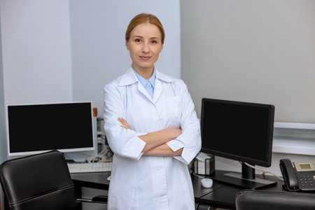 Professional scientist woman doctor surrounded by monitors working on personal computers