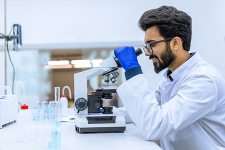 Scientist conducts experiments, adjusts specimen in petri dish and looking on it into microscopeの写真素材