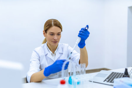 Female scientist in protective gloves dropping liquid substance into the test tube with a pipette