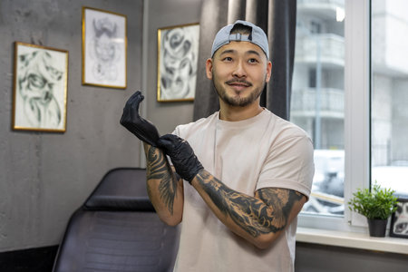 Young asian man putting on glovesの写真素材