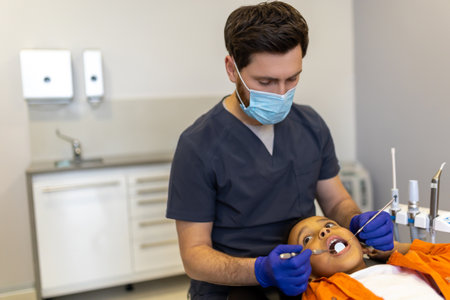 Dentist examining oral cavity of a little dark-skinned boyの写真素材