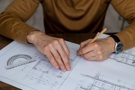 Unrecognizable architect designer sketching drawing design of house working on architectural project