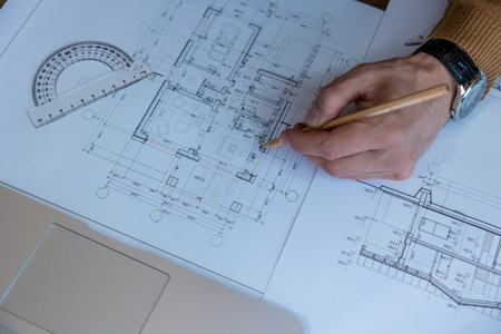 Architect drawing blueprint sketching design of house, making architectural construction building.