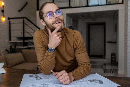 Engineer architect in glasses sitting at the table and creating blueprint thinking about new projectの写真素材