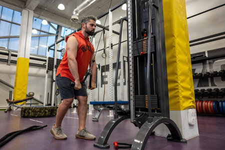 Man working out at gym, doing cable rope pushdowns, biceps and triceps arm training workout.