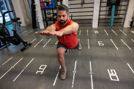 Athletic man warming up and stretching body before training fitness gym, body care.