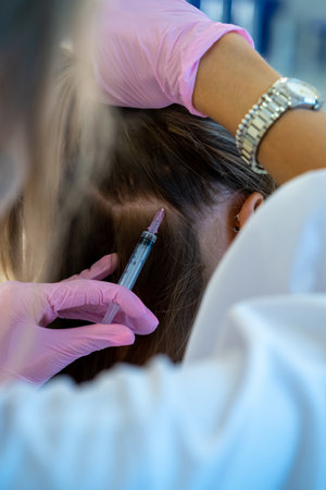 Woman head and doctors hands with syringe, professional mesottherapy procedures, vitamin injectionsの写真素材