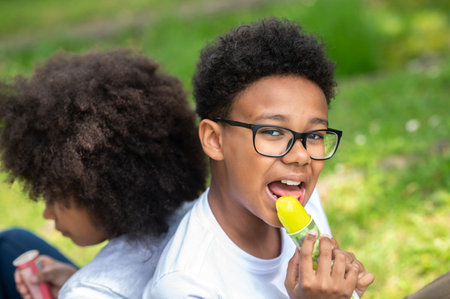 Two children eating ice cream in park sitting on green grass.の写真素材