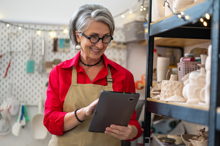 Happy female ceramist using digital tablet in store, managing store with handmade ceramic productsの写真素材