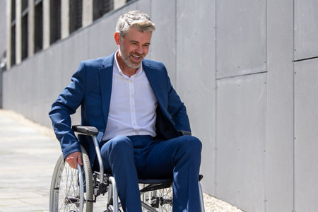 Disabled handsome man on wheelchair outdoor.の写真素材
