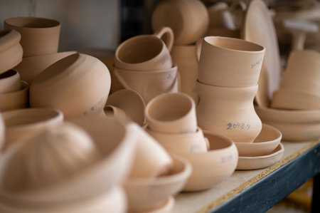 Pottery shelf in studio, creative store clay products, collection and display in workshop.の写真素材