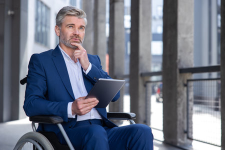 Pensive business man in wheelchair with tablet using mobile device for work outdoors.の写真素材