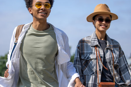 Happy couple of tourists having a a good time togetherの写真素材