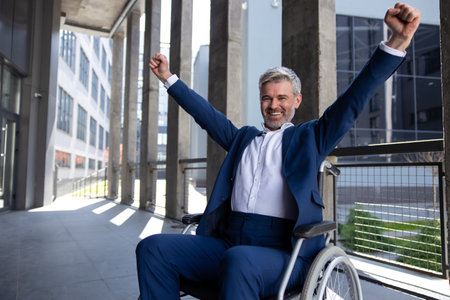 Happy gray haired disabled man wearing suit in wheelchair, raised arms, celebrating his success.の写真素材