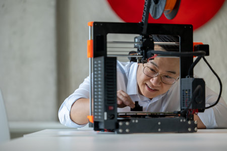 Male designer using 3D printer in office, working with new technology ideas.の写真素材