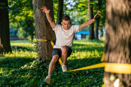 Young guy in sportwear walking on the rope and looking focused