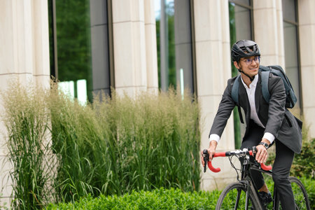 Businessman riding a bike and looking contentedの写真素材