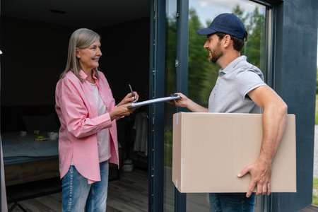 Courier man delivering parcel to woman client.