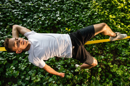 Smiling young handsome man lying on the rope and keeping balance