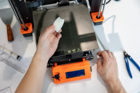Man checking 3d printer, process of making things on 3d printer in laboratory.