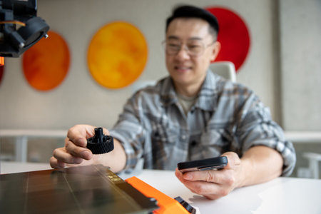Man designer holding deteil printed on 3D printer working in engineering workshop.